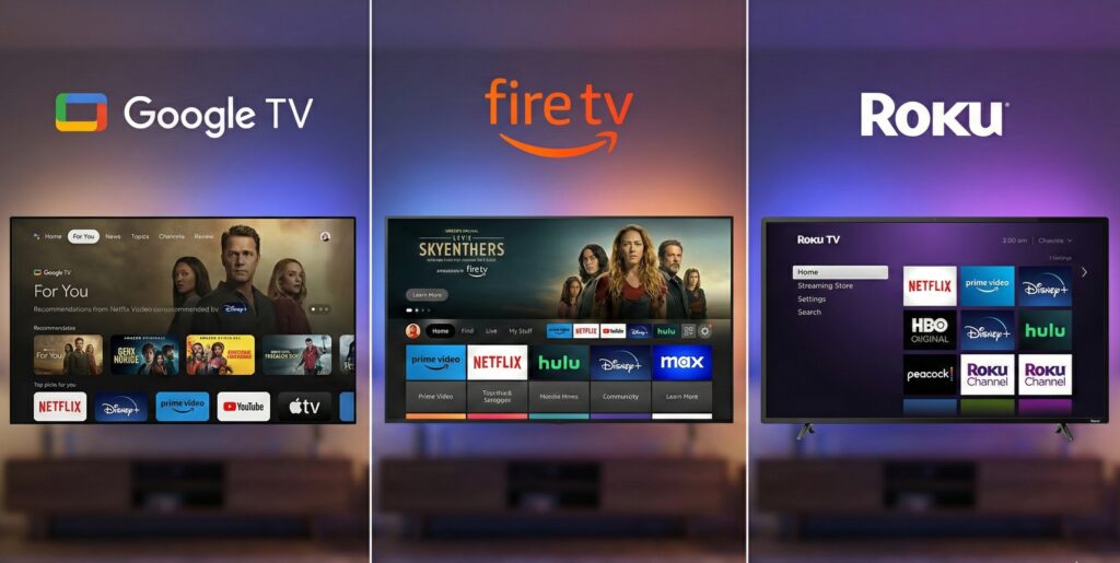 Comparação de interfaces entre Google TV, Fire TV e Roku mostrando tela inicial de aplicativos