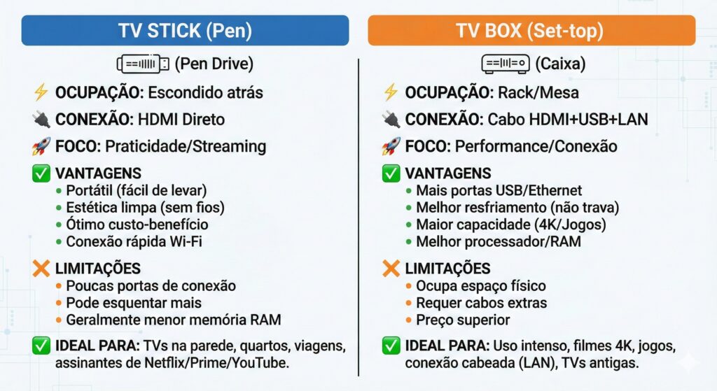 Infográfico comparando TV Stick e TV Box mostrando vantagens e limitações