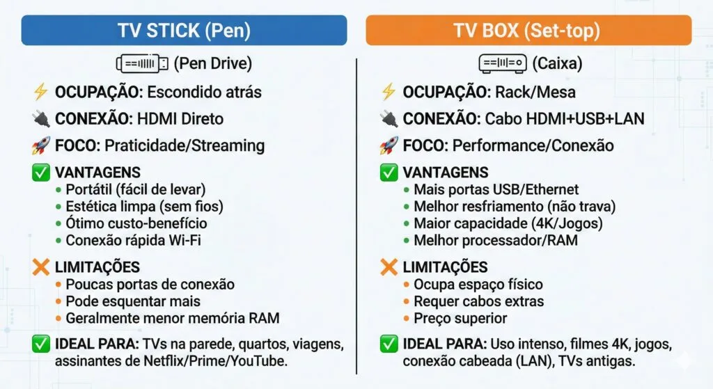 Infográfico comparando TV Stick e TV Box mostrando vantagens e limitações