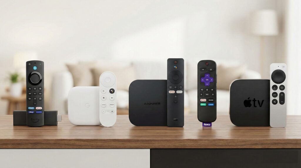 Top 5 aparelhos para transformar TV em Smart em 2026: Fire TV Stick 4K Max, Google TV Streamer, Xiaomi TV Box S, Roku Express 4K e Apple TV 4K