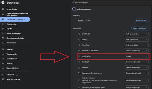 Tela de Permissoes do Whatsapp no Chrome