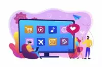 Tela inicial de Smart TV mostrando loja de aplicativos com icones de apps disponiveis para download Samsung LG TCL