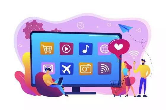 Tela inicial de Smart TV mostrando loja de aplicativos com icones de apps disponiveis para download Samsung LG TCL
