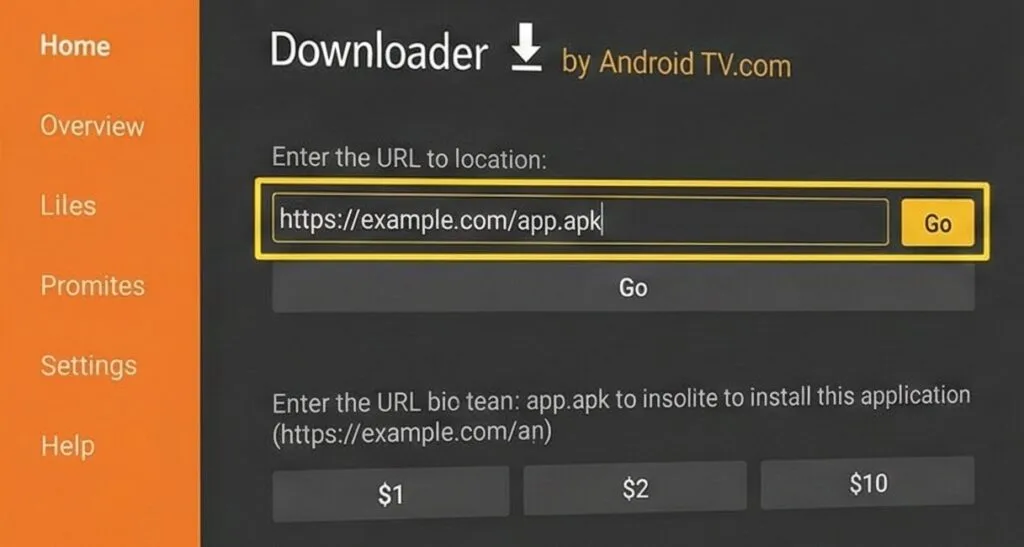 Barra de URL do app Downloader na TV Box Android para instalar APK