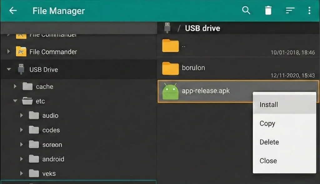 Gerenciador de arquivos abrindo o pen drive e tocando no APK