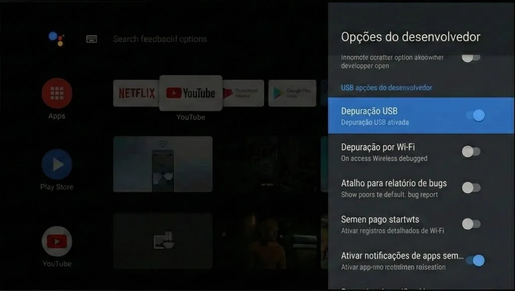 Opções do desenvolvedor - Depuração USB ativada na TV Box Android para instalar APK