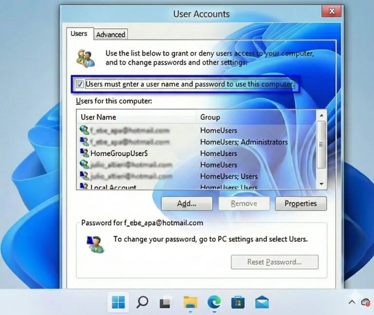 Tela netplwiz Windows 11 - desmarcar para login automatico sem digitar senha