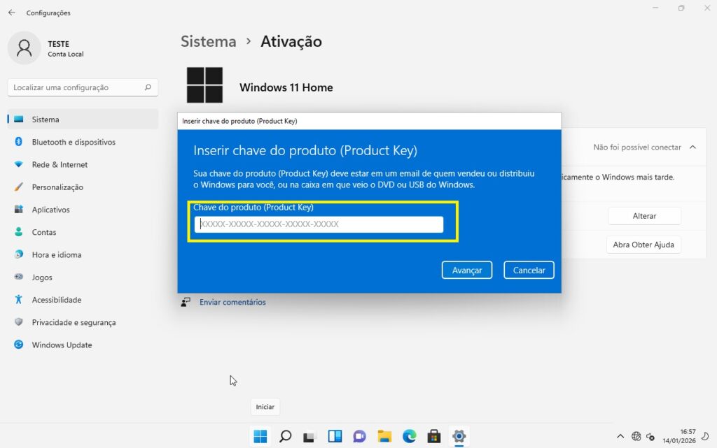 Configurações de Ativação do Windows 11 para mudar de Home para Pro
