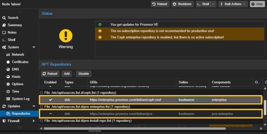 Tela Node → Repositories com no-subscription ativo e enterprise desabilitado