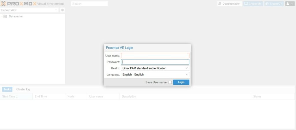 Tela inicial/login do Proxmox (painel do node)