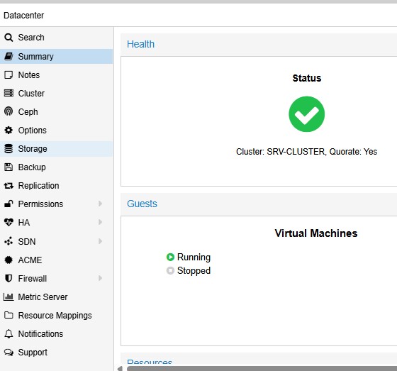 Menu Datacenter mostrando itens globais como Storage, Backup, Permissions, Firewall e Notifications