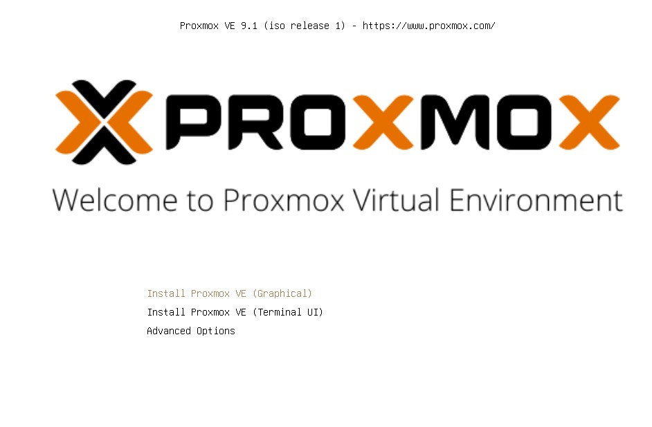Menu do instalador do Proxmox VE (Install Proxmox VE - Graphical)