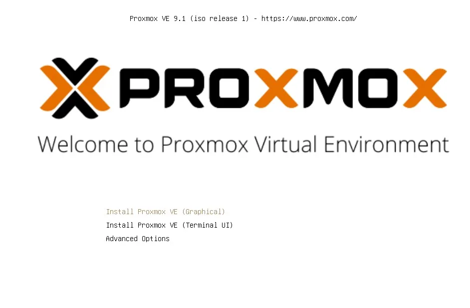 Menu do instalador do Proxmox VE (Install Proxmox VE - Graphical)