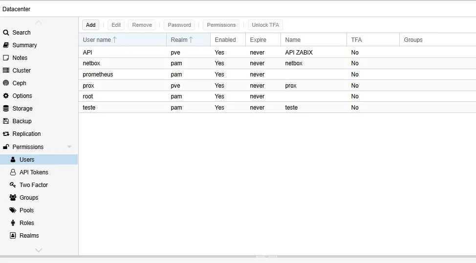 Proxmox Datacenter  - Permissions - Users - tela de listagem