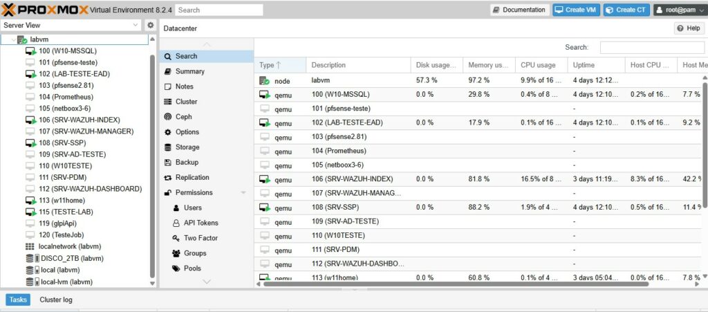 Visão geral do Datacenter (nodes, storage, tarefas)