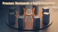 Representação visual da diferença entre a visão global do Painel Datacenter e a visão de Node no Proxmox VE.