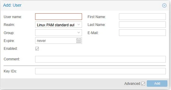 Proxmox Modal Add User