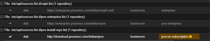 Tela Node → Repositories com no-subscription ativo e enterprise desabilitado