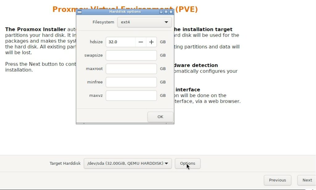 Tela de seleção de disco e filesystem no instalador do Proxmox VE (ext4/LVM ou ZFS)