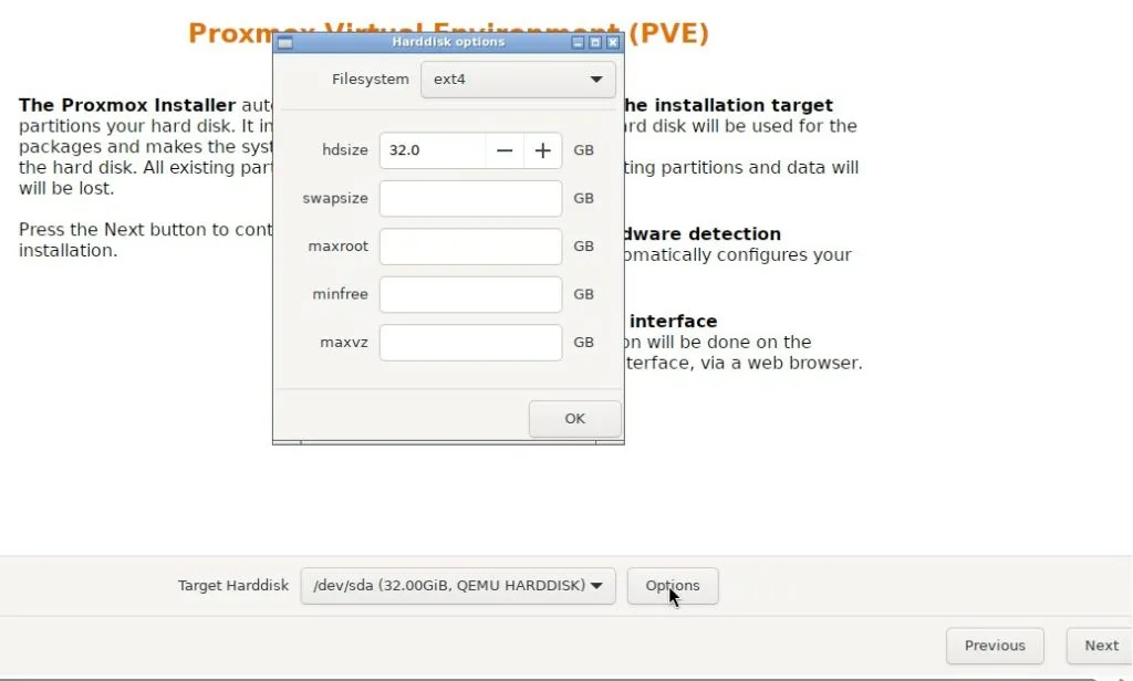 Tela de seleção de disco e filesystem no instalador do Proxmox VE (ext4/LVM ou ZFS)