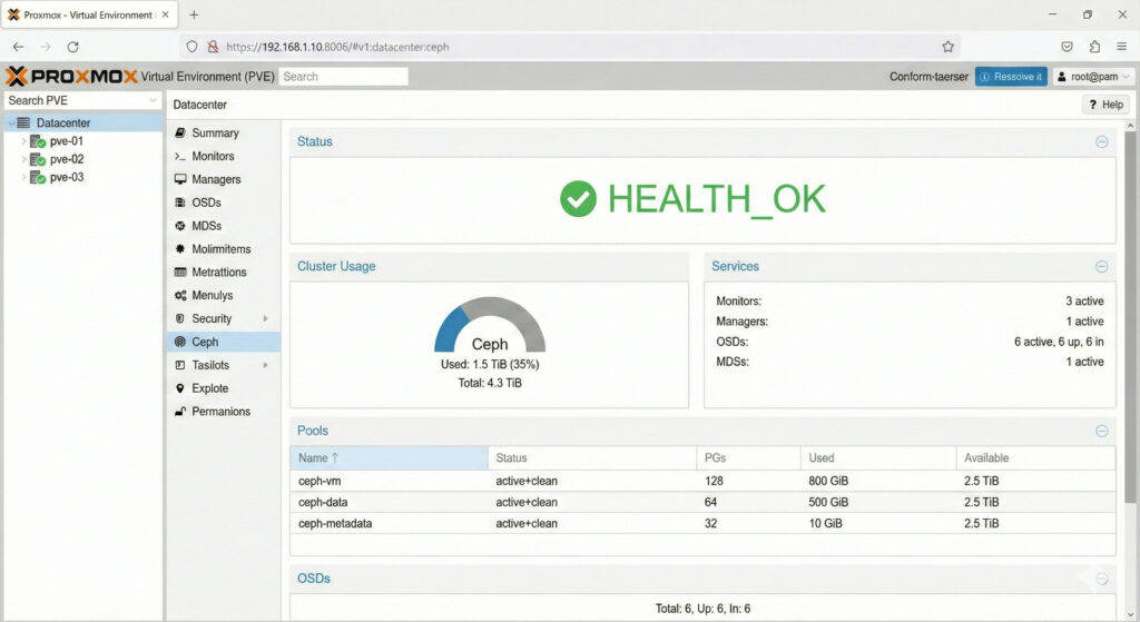 Tela "Ceph" no Datacenter (estado/OSDs/pools)