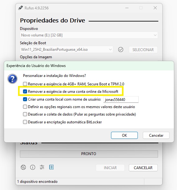 Rufus Windows User Experience remover exigência conta Microsoft