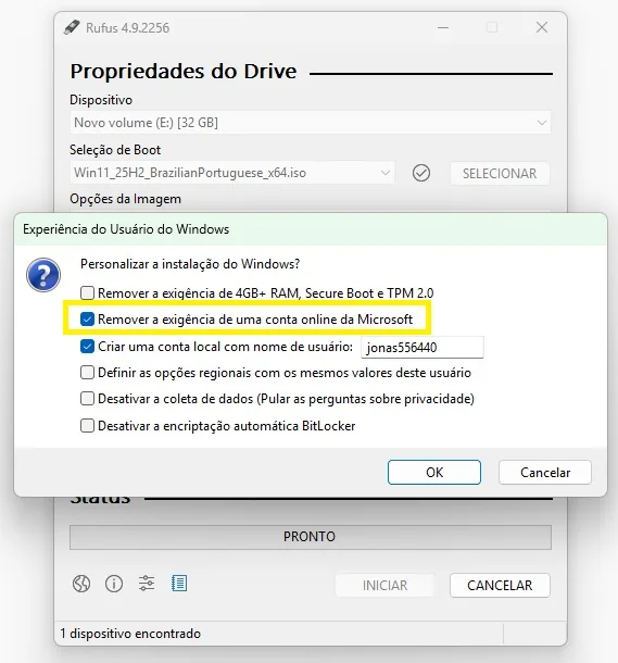 Rufus Windows User Experience remover exigência conta Microsoft