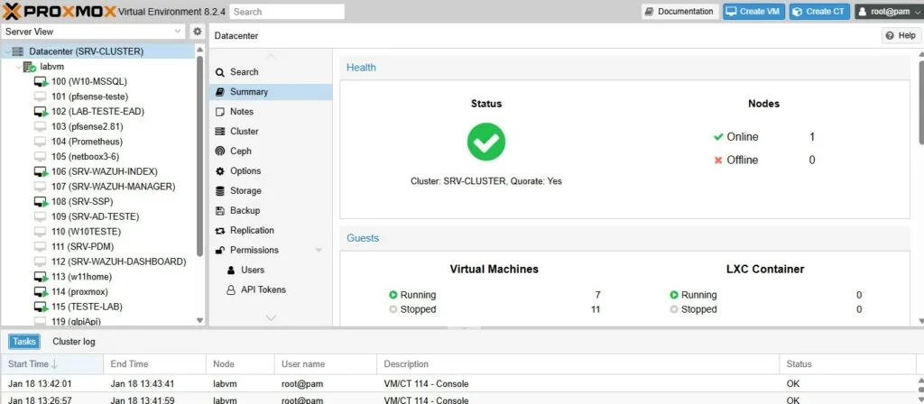 Visão geral do painel web do Proxmox mostrando Header, árvore de recursos, painel central e log de tarefas