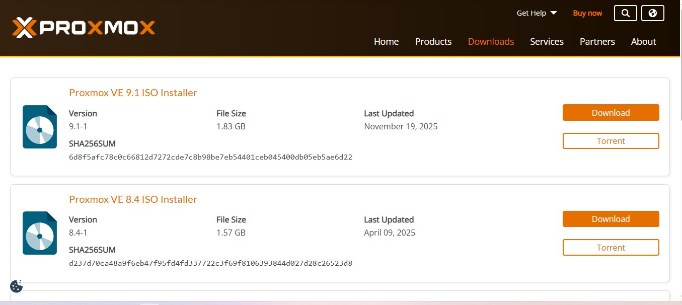 Página oficial do ISO do Proxmox VE com SHA256