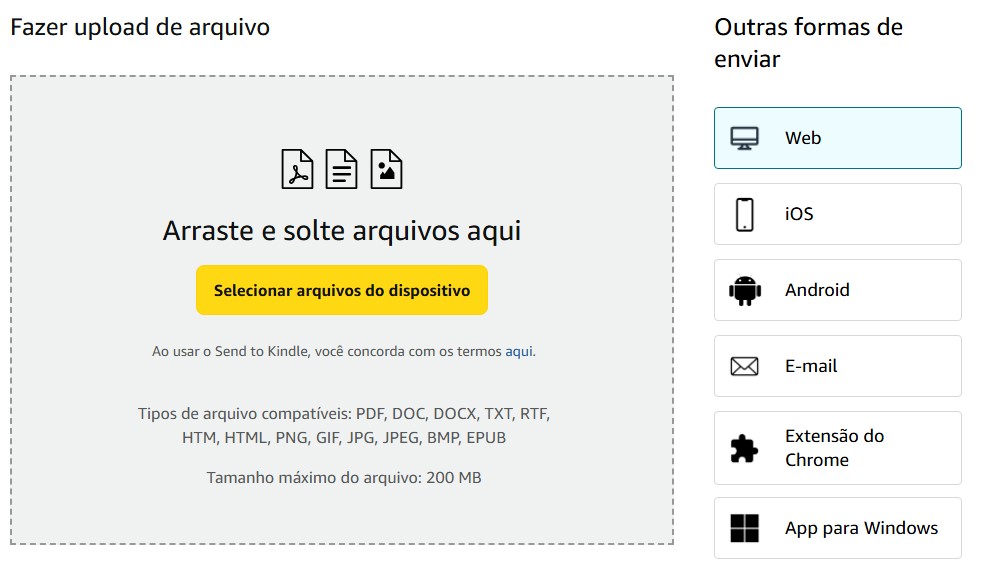 Enviar arquivos para o Kindle site send to kindle
