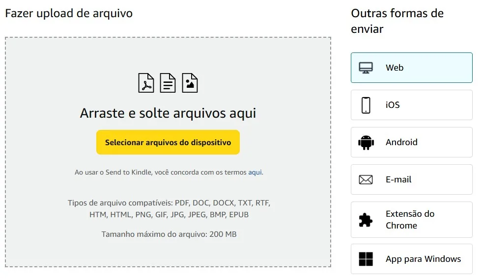 Enviar arquivos para o Kindle site send to kindle
