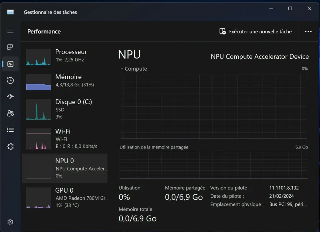 Gerenciador de Tarefas mostrando a NPU em Desempenho no Windows 11