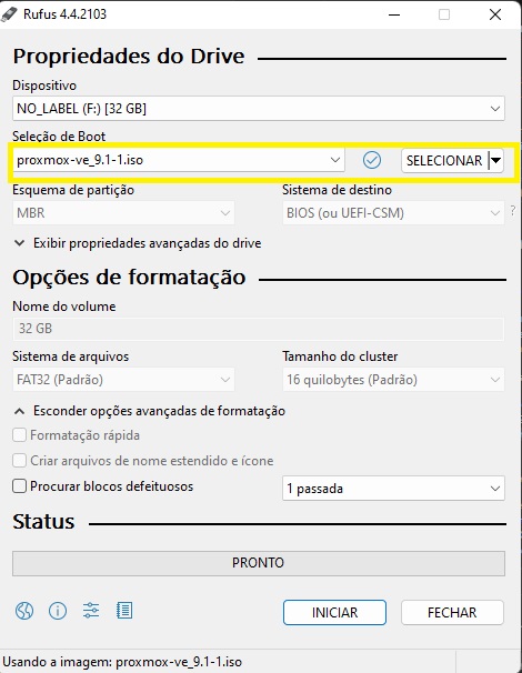 Rufus gravando ISO do Proxmox VE em pendrive