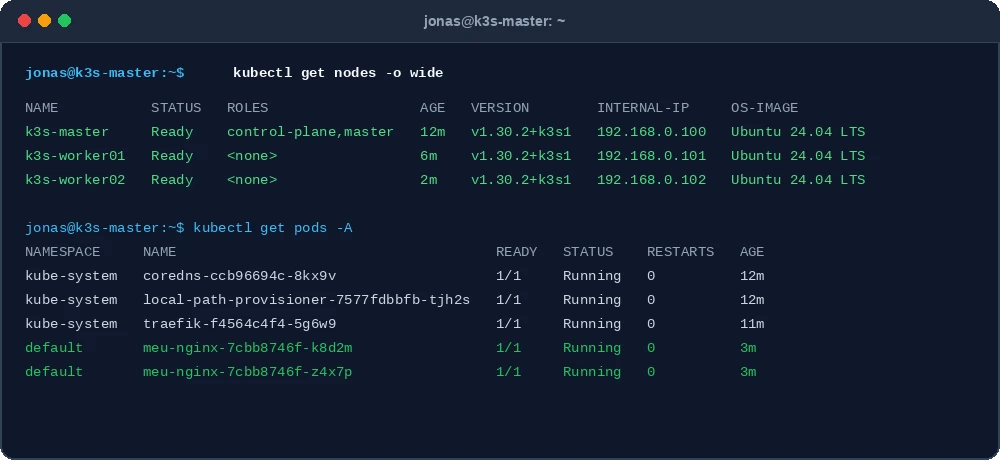 Cluster Kubernetes K3s com nós Master e Workers com status Ready