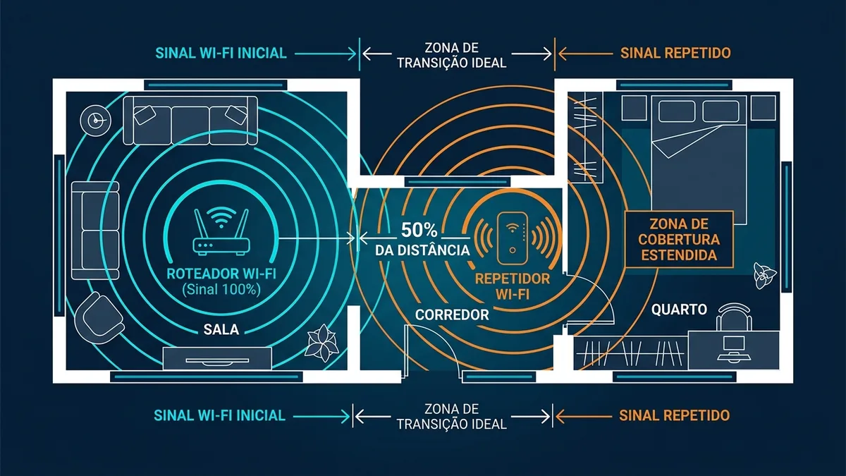 Diagrama de posicionamento ideal de repetidor Wi-Fi de tomada com a regra dos 50 por cento de distância
