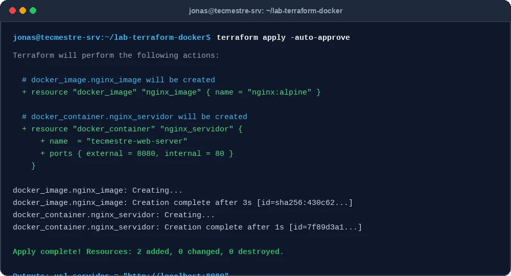 Resultado do comando terraform apply com sucesso provisionando container NGINX
