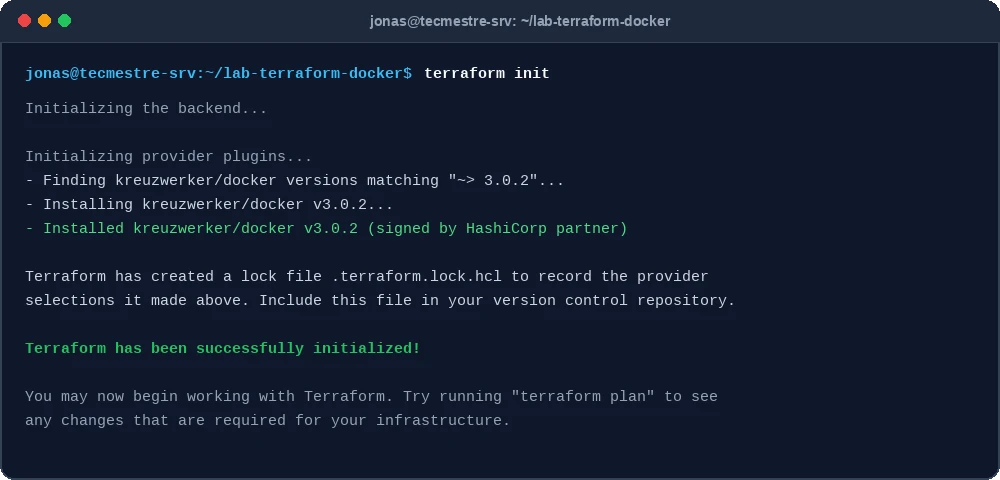 Execução real do comando terraform init baixando provider Docker no terminal Ubuntu Linux