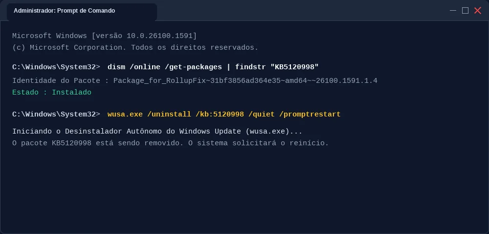 Prompt de comando executando a desinstalação da atualização KB5120998 via wusa