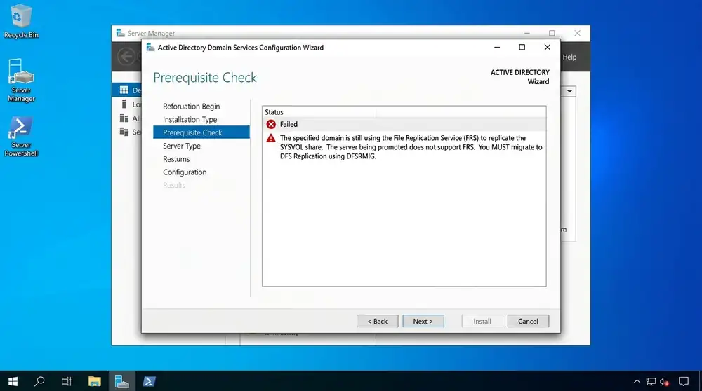 Mensagem de erro no assistente de promoção de controlador de domínio do Windows Server exigindo migração para DFSR com DFSRMIG