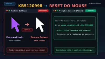 Comparativo do bug no ponteiro do mouse na atualizacao KB5120998 do Windows 11 e solucao de desinstalacao via wusa