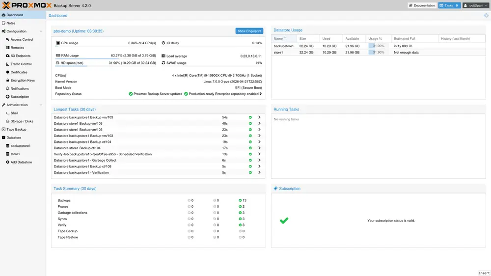 Painel do Proxmox Backup Server com deduplicação em bloco e datastore