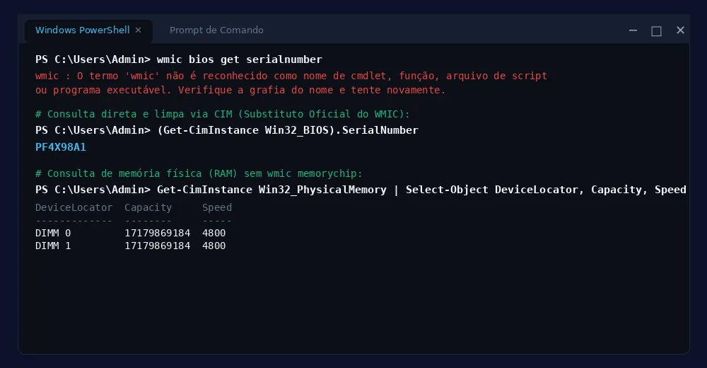 Comparativo entre comando wmic não reconhecido e Get-CimInstance no PowerShell do Windows 11