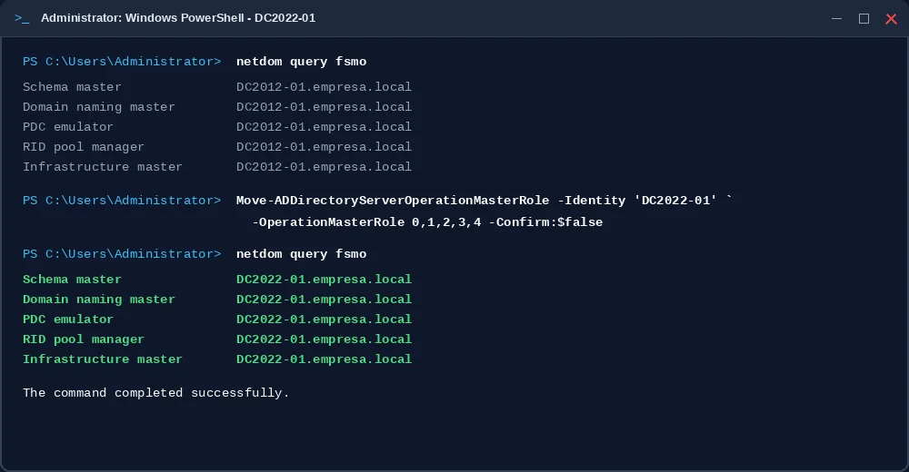 Terminal PowerShell demonstrando a transferência oficial das 5 FSMO roles do Windows Server 2012 para o 2022