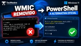Terminal do Prompt de Comando exibindo erro de WMIC removido ao lado do PowerShell executando Get-CimInstance no Windows 11